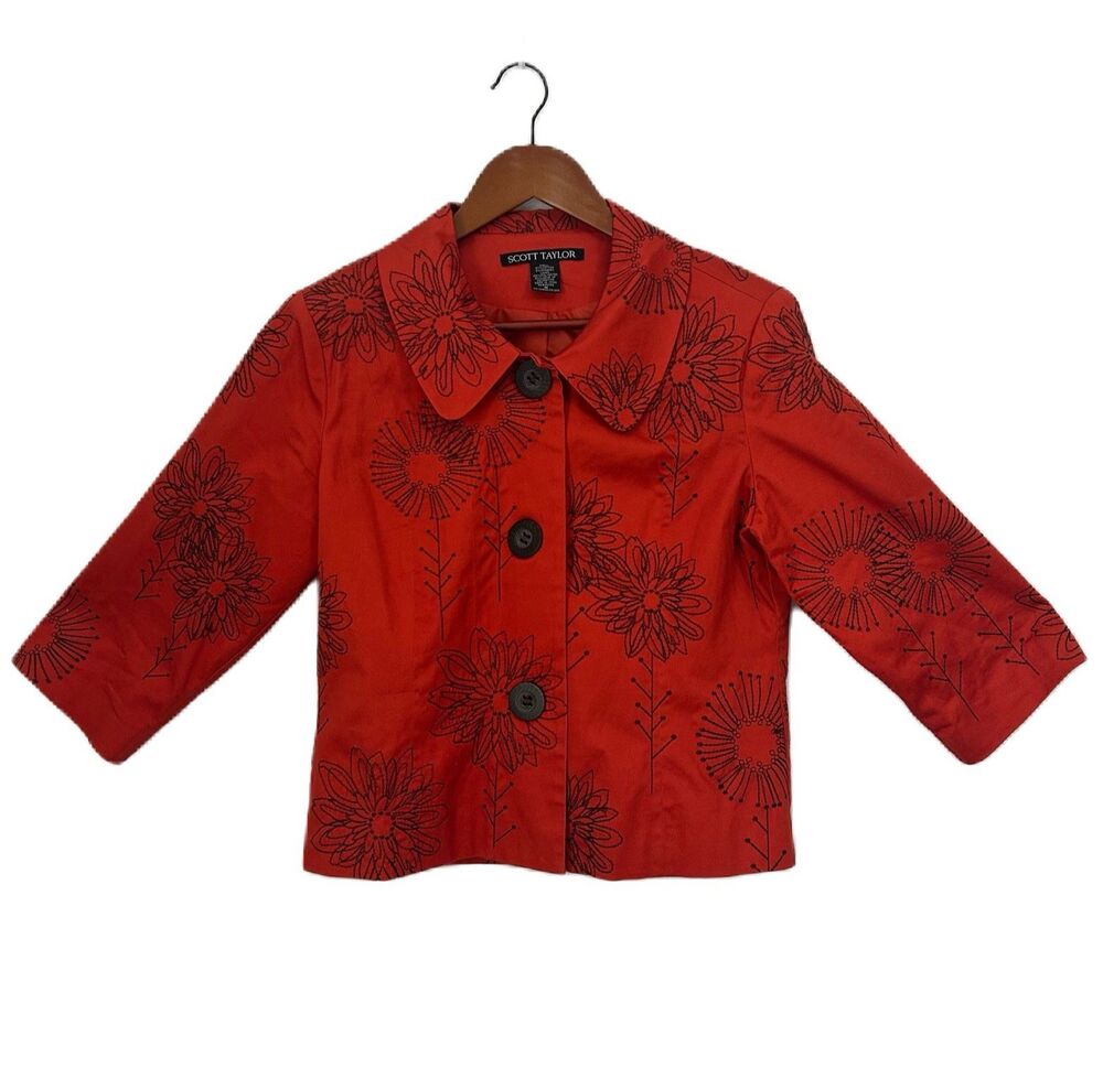 Scott Taylor Jacket Women M Orange Black Collar Embroidery Classic Cottage VTG